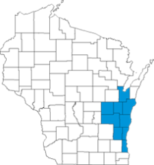 A map highlighting the countines in eastern Wisconsin that Cedar Creek Surveying serves.