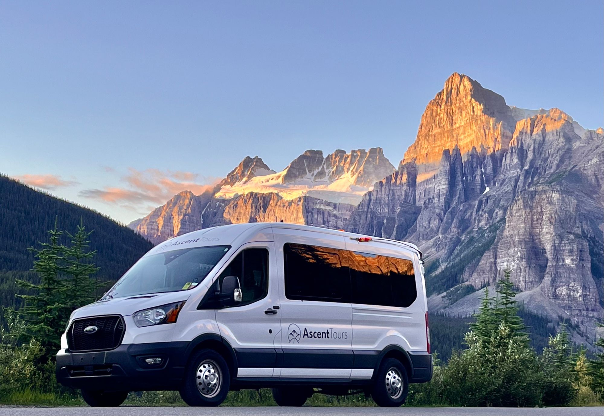 White Ascent Tours van in the Alberta Rocky Mountains