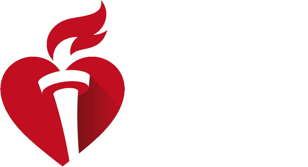 American Heart Association logo with white torch inside a red heart shape and the name 'American Heart Association' in white text.