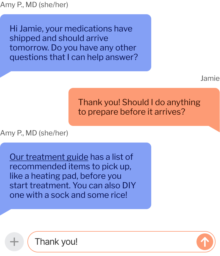 Example chat conversation between a Hey Jane doctor and a medication abortion patient.