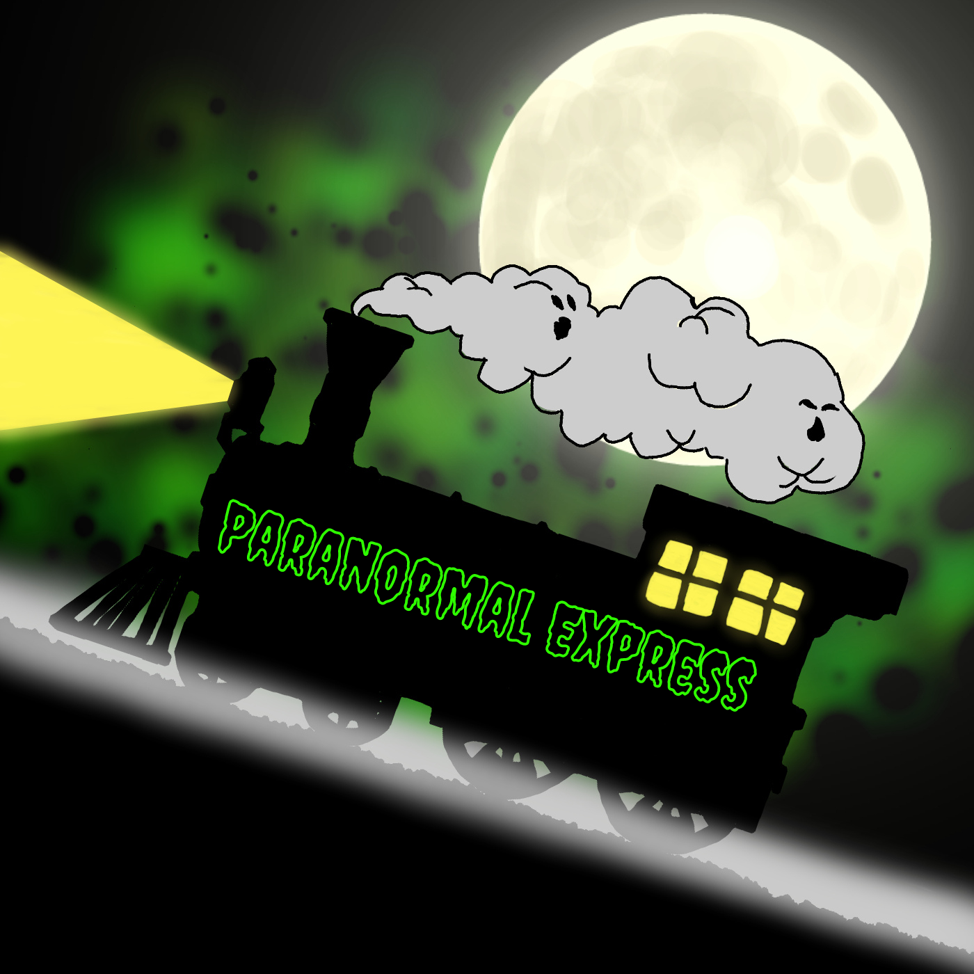 A train rides uphill during a full moon night. Text along the side of the train reads Paranormal Express.