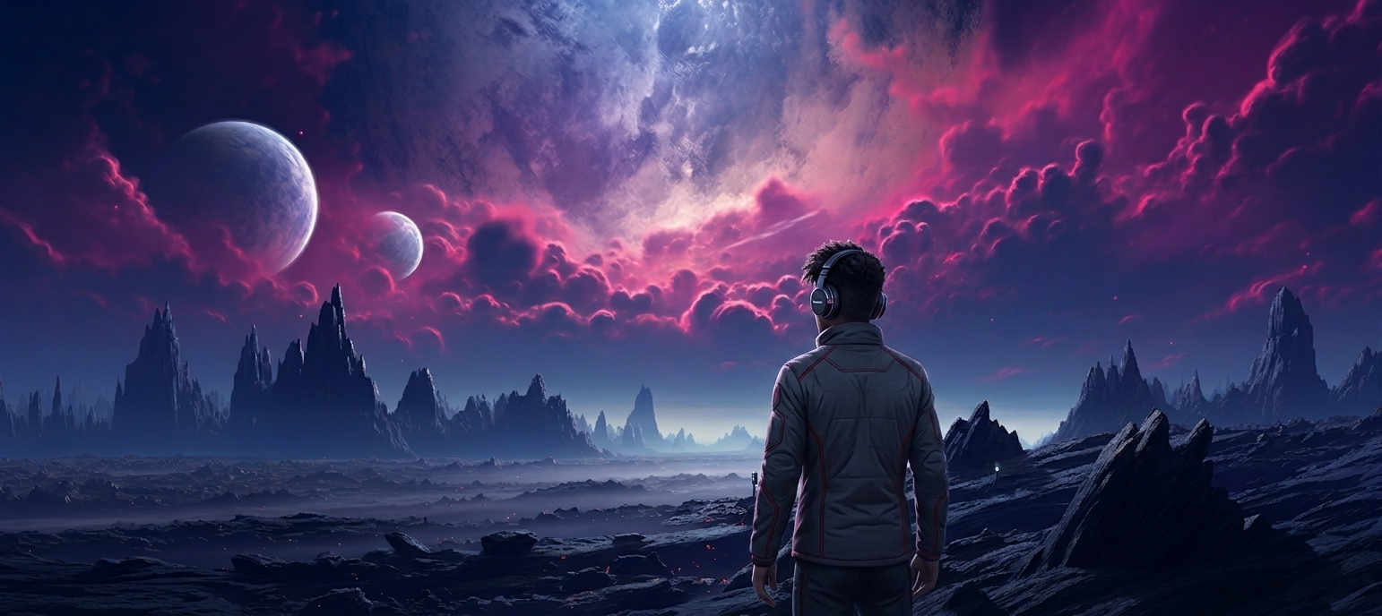 A gorgeous dreamscape on an unknown planet in space, with blues and purples. A single figure stands looking out into space.