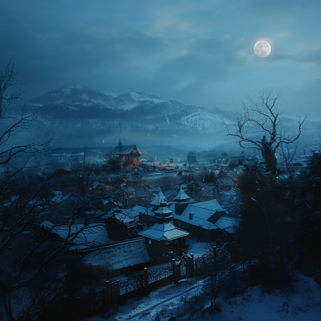 The eerie town of Melania, Oregon, a full moon hanging above it. Snowflakes fall in flurries. A mountain town.