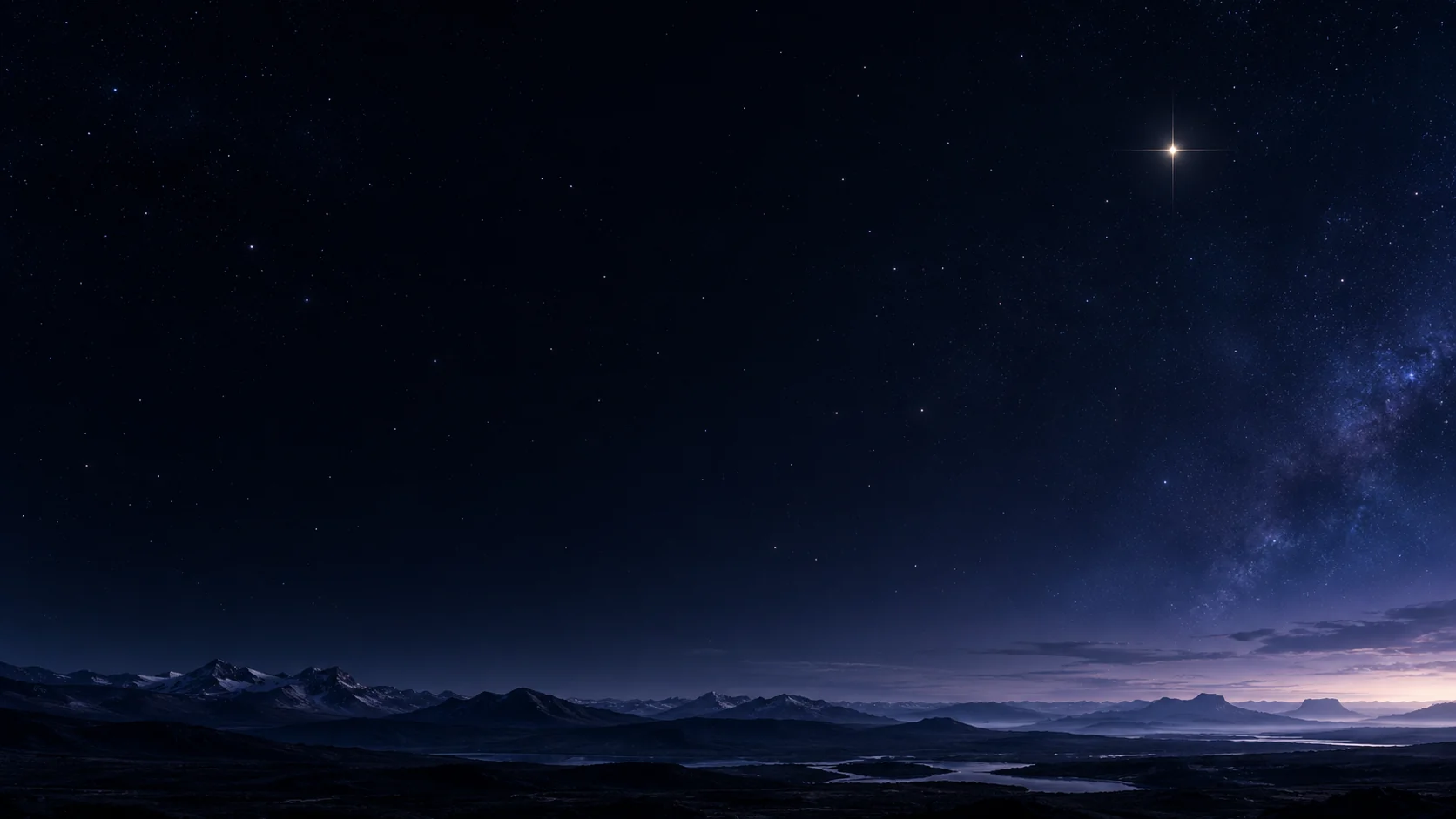 A luminous north star above a quiet midnight-blue mountain horizon.