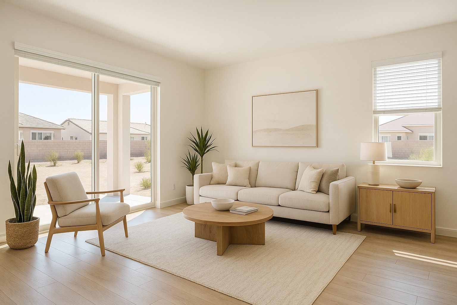 Sunlit, decluttered Las Vegas living room with white walls, light wood floors, neutral decor, open blinds, and desert plants.