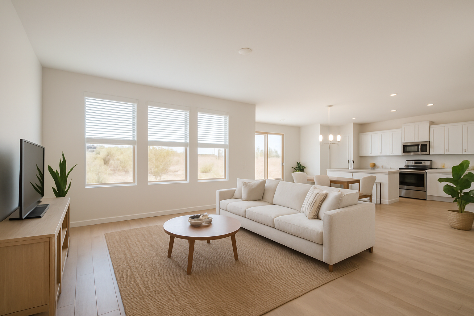 Bright open-concept Las Vegas living room with beige sofa, round coffee table, wood floors, desert light through windows, and adjacent white kitchen.
