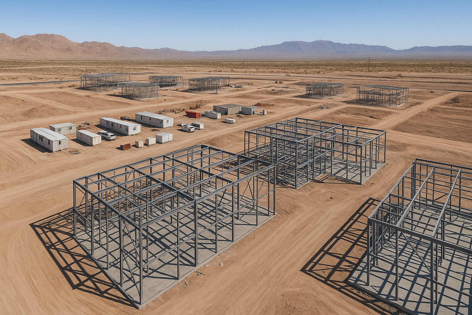 Aerial view of Las Vegas construction site with steel framing, graded lots, site trailers, desert backdrop, and clear sky.