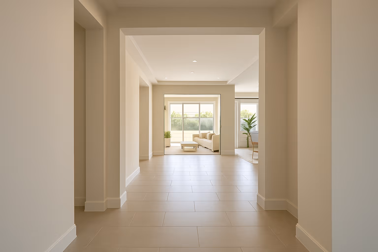 Wide hallway leading into a bright great room in a luxury Summerlin home; neutral palette, modern finishes, tile floors, balanced natural light.