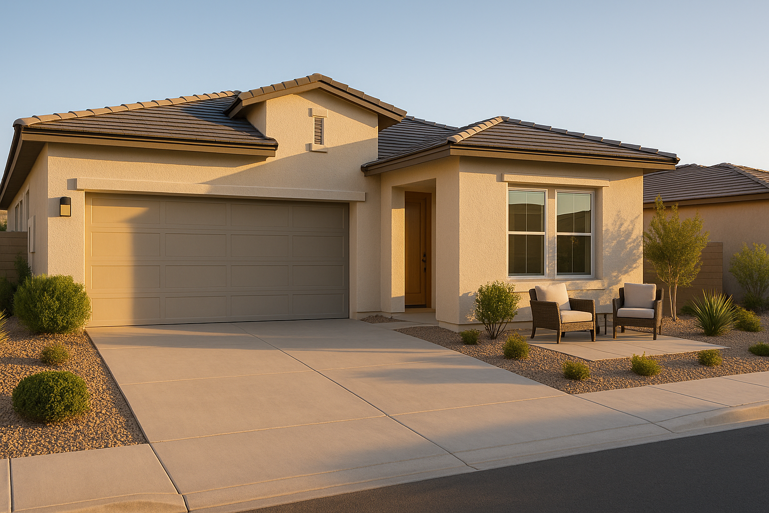 Golden-hour exterior of a Las Vegas single-story home with clean driveway, desert landscaping, staged patio seating, and a clear sky.