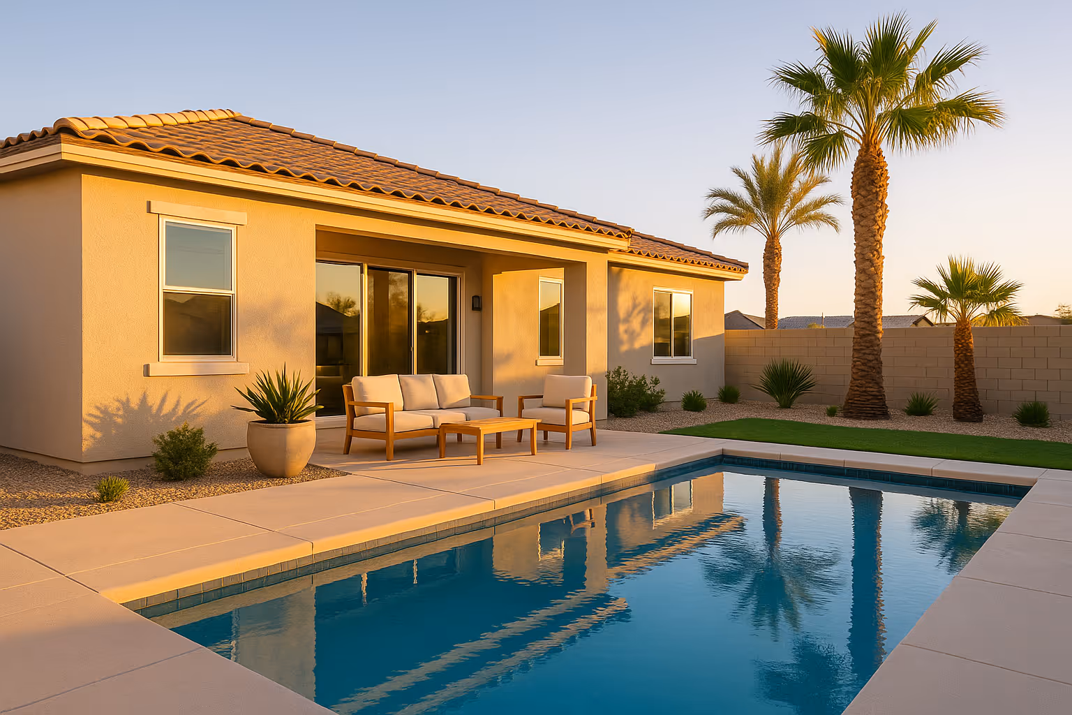 Golden-hour backyard of a modern Las Vegas single-family home with blue pool, stucco exterior, staged patio seating, palm accents, and clear sky.