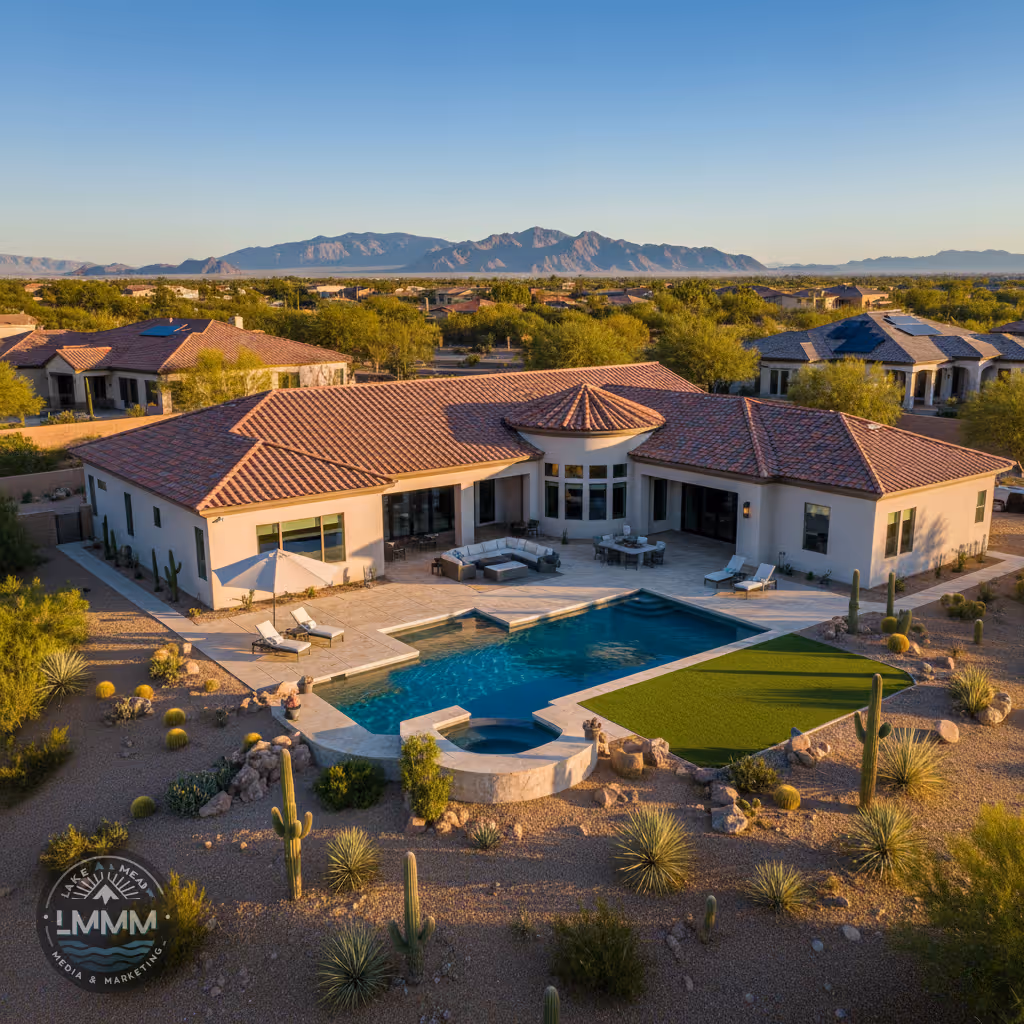 Aerial golden hour view of a luxury Las Vegas home with a sparkling blue pool, desert landscaping, and distant Spring Mountains, featuring the Lake Mead Media & Marketing logo prominently.