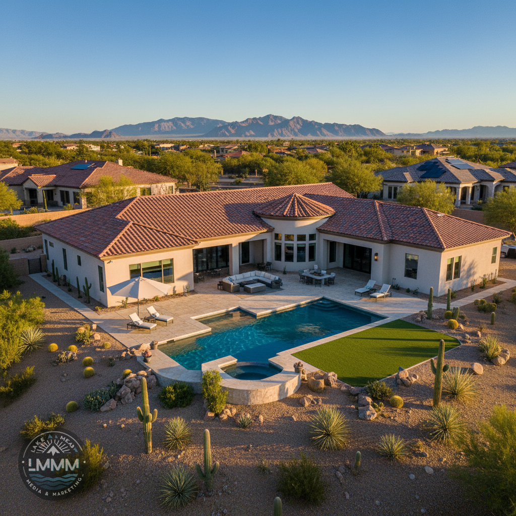 Aerial golden hour view of a luxury Las Vegas home with a sparkling blue pool, desert landscaping, and distant Spring Mountains, featuring the Lake Mead Media & Marketing logo prominently.