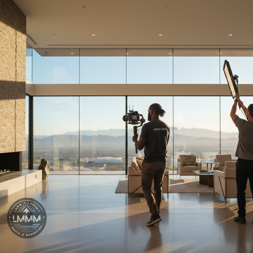 A real estate videographer filming inside a modern Las Vegas home with mountain views and professional lighting, featuring the Lake Mead Media & Marketing logo.