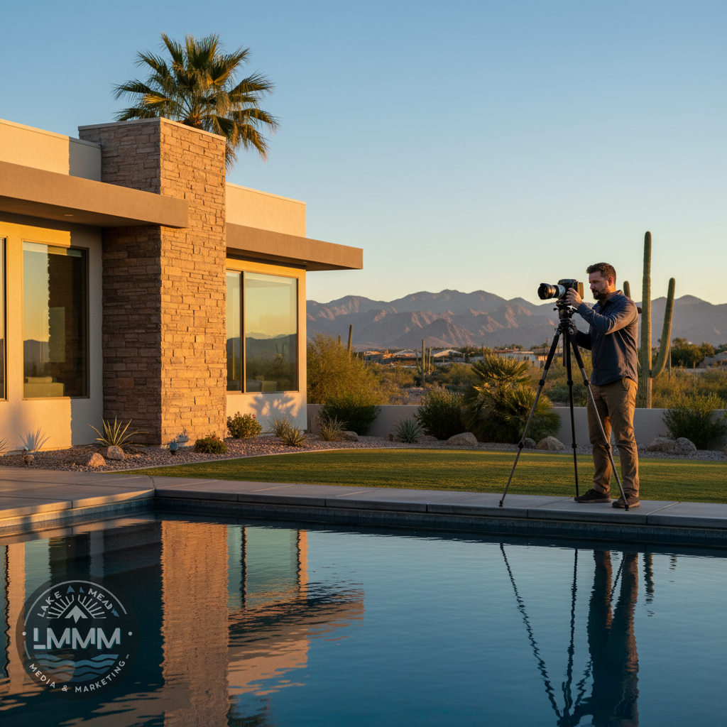 A professional real estate photographer capturing exterior shots of a modern Las Vegas home and sparkling pool at golden hour, with mountains in the background and the Lake Mead Media & Marketing logo.
