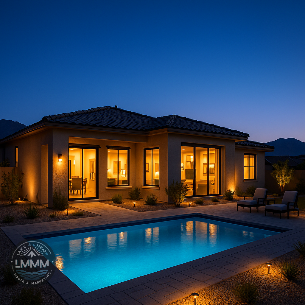 Blue-hour Las Vegas home with lit windows, pool lighting, blue pool, mountain silhouettes, Lake Mead Media & Marketing logo.