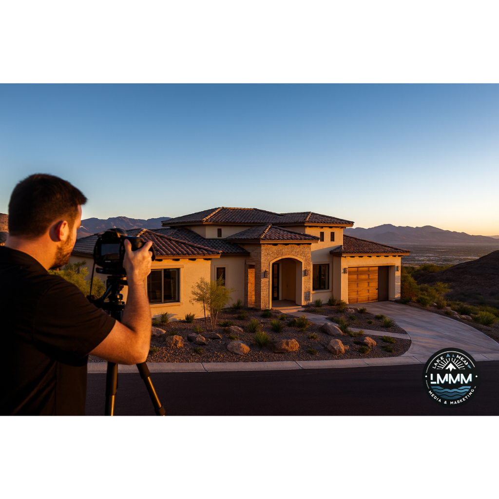 Golden hour real estate photographer on tripod capturing a luxury Mediterranean-style Henderson hillside home with beige stucco and tile roof, desert landscaping, Las Vegas valley and mountain views in the background, Lake Mead Media & Marketing logo in co