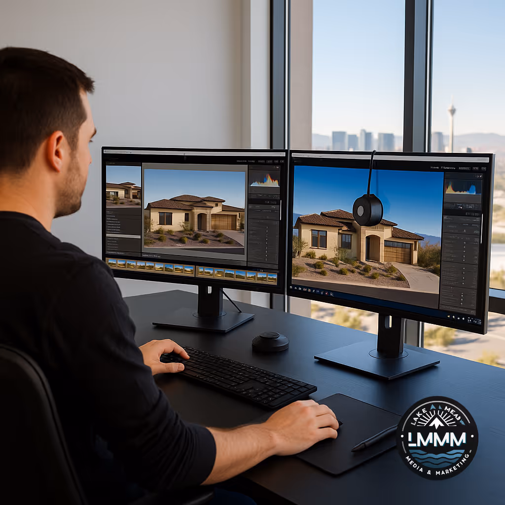 Lake Mead Media & Marketing editor at dual monitors in Las Vegas reviewing HDR before/after of a Summerlin home; color calibrator, skyline, and logo visible.