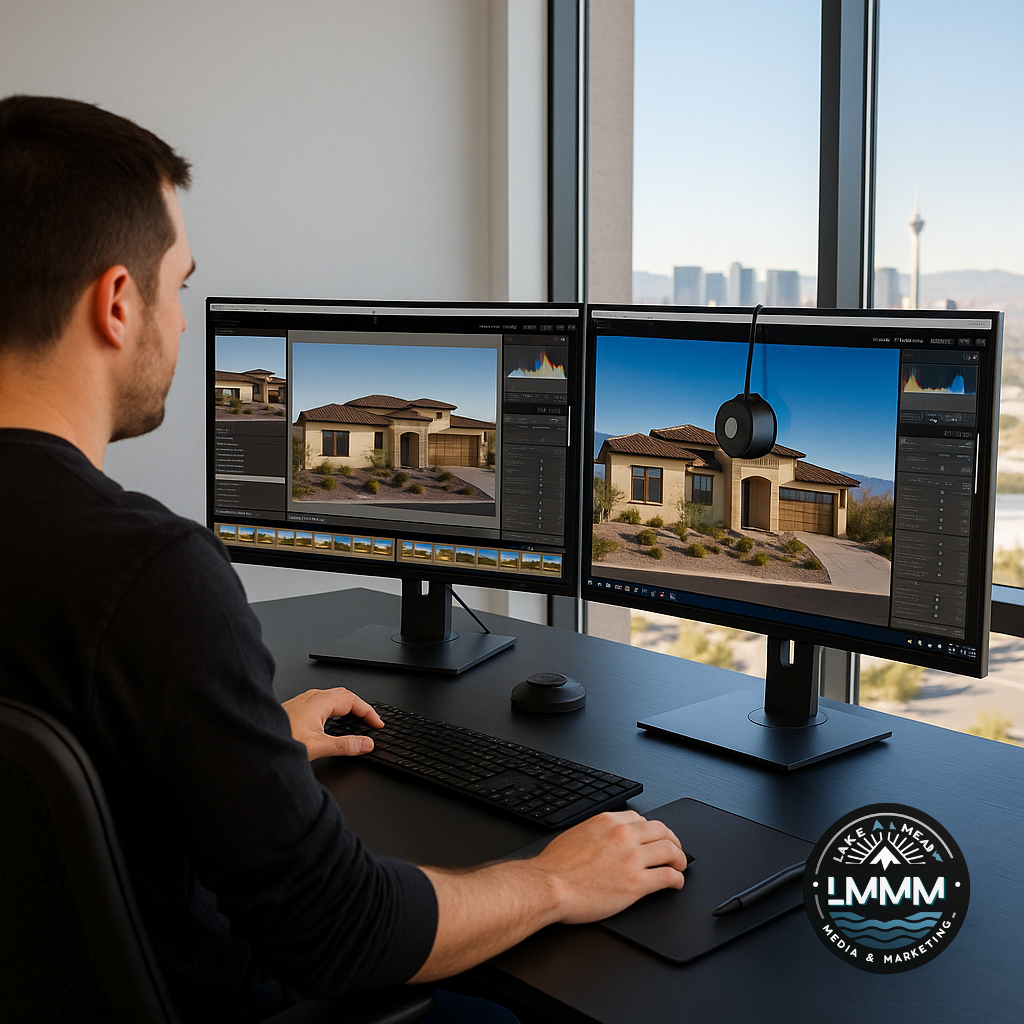Lake Mead Media & Marketing editor at dual monitors in Las Vegas reviewing HDR before/after of a Summerlin home; color calibrator, skyline, and logo visible.