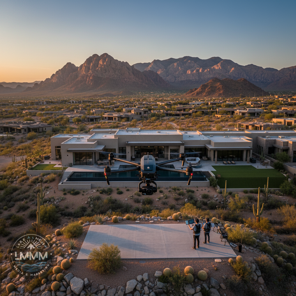 Lake Mead Media & Marketing drone videographer at Lake Las Vegas operating DJI cinema drone over luxury estate at golden hour; monitor visible, infinity pool, Red Rock backdrop, logo visible.