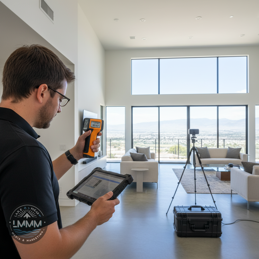 Lake Mead Media & Marketing technician measuring Henderson luxury home with laser and tablet; Matterport tripod setup, Las Vegas valley view, logo visible.