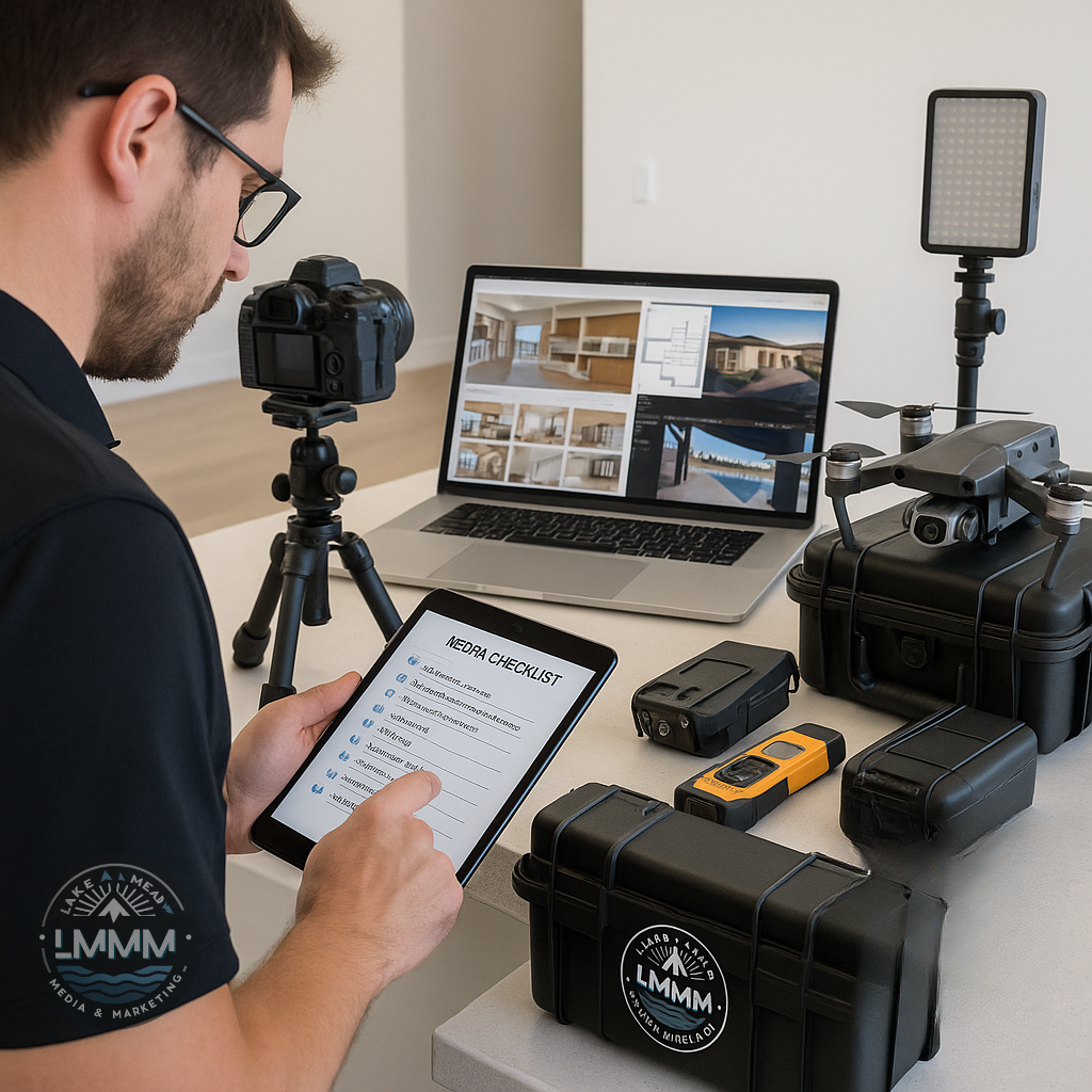 Lake Mead Media & Marketing photographer in Las Vegas reviewing media checklist on tablet with laptop, camera, drone, and equipment cases; logo visible.