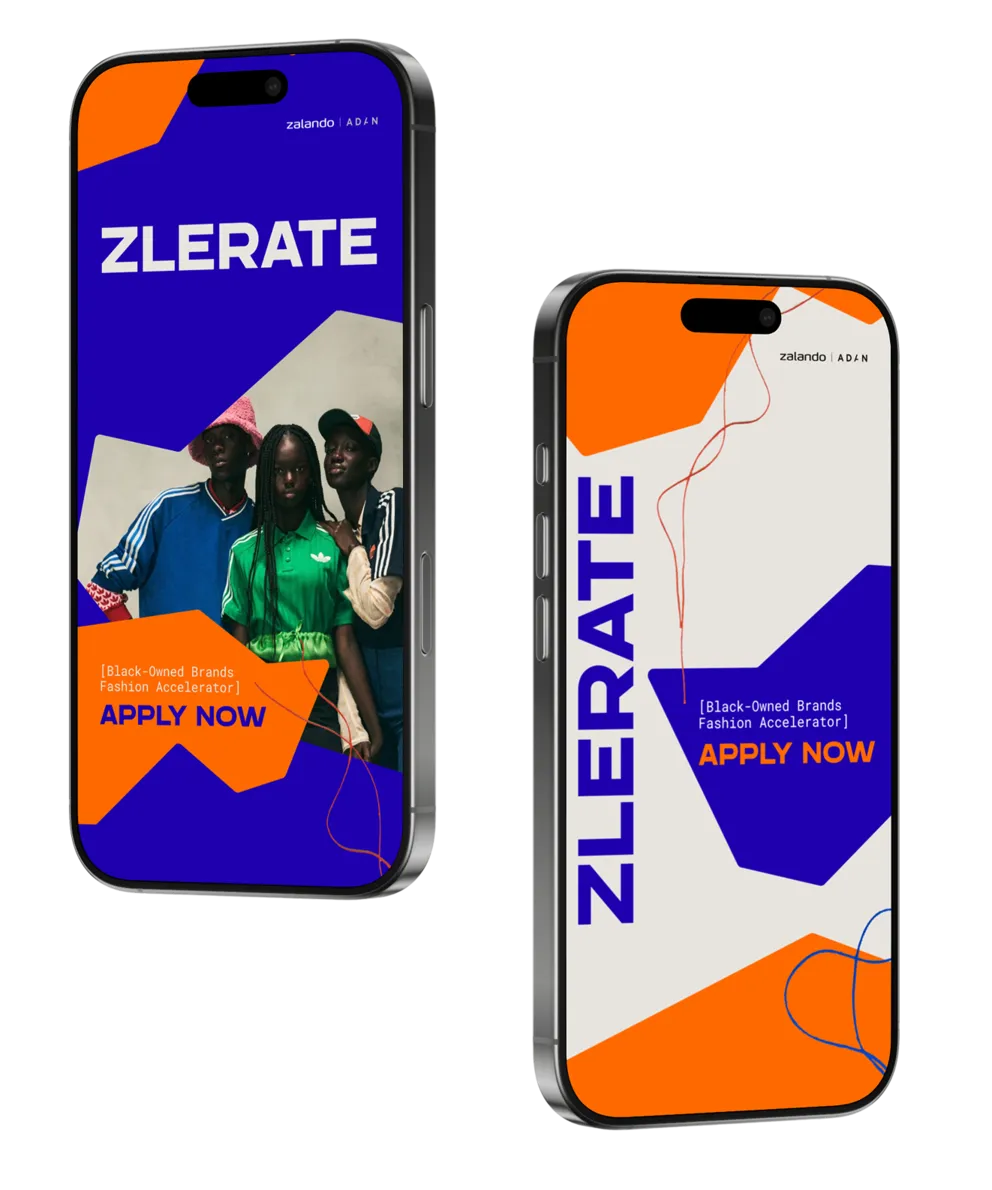 Two smartphones displaying the Zlerate fashion accelerator website with models in colorful outfits.