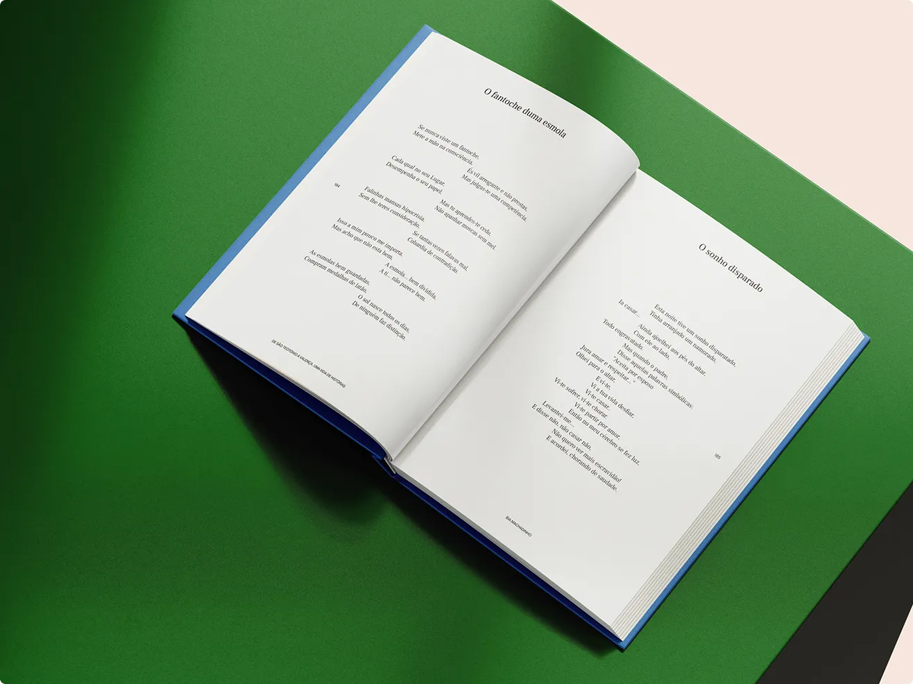 Open book with two poems, 'um fantoche duma esmola' and ' osonho disparado'.