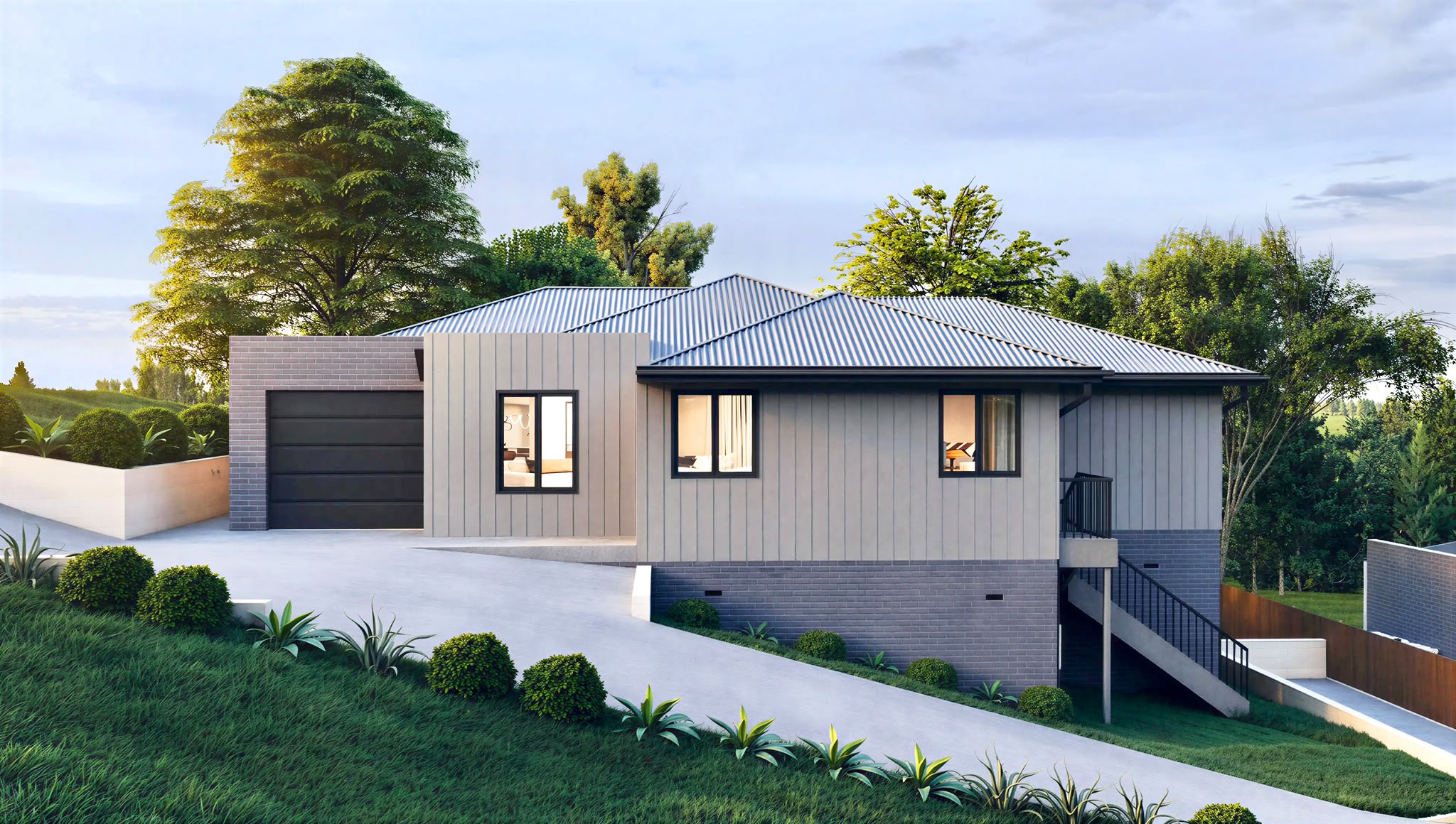 Grey brick and vertical cladding on a home designed for a sloping site in Risdon Vale