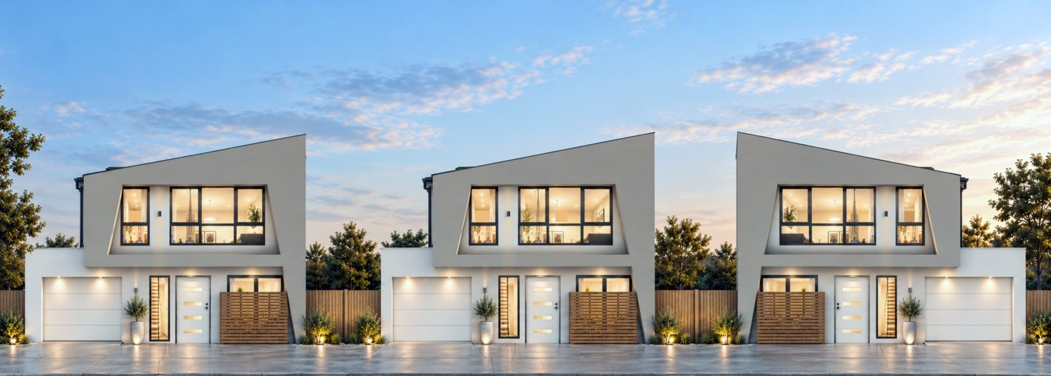 Three residences with angular rooflines and matching exterior finishes