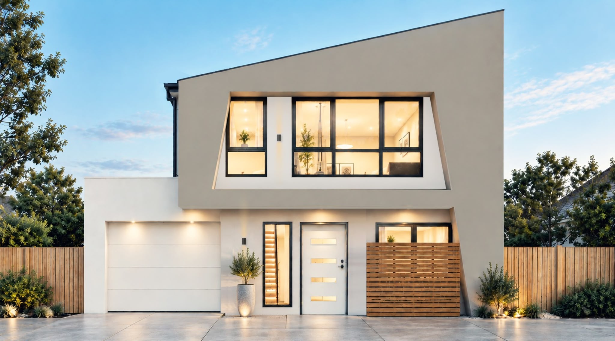 Two-storey home design with a deep angular window surround and timber-toned screen