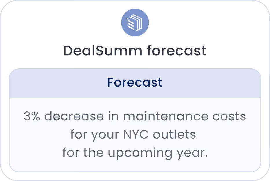 DealSumm forecast showing a 3% decrease in maintenance costs for NYC outlets in the upcoming year.