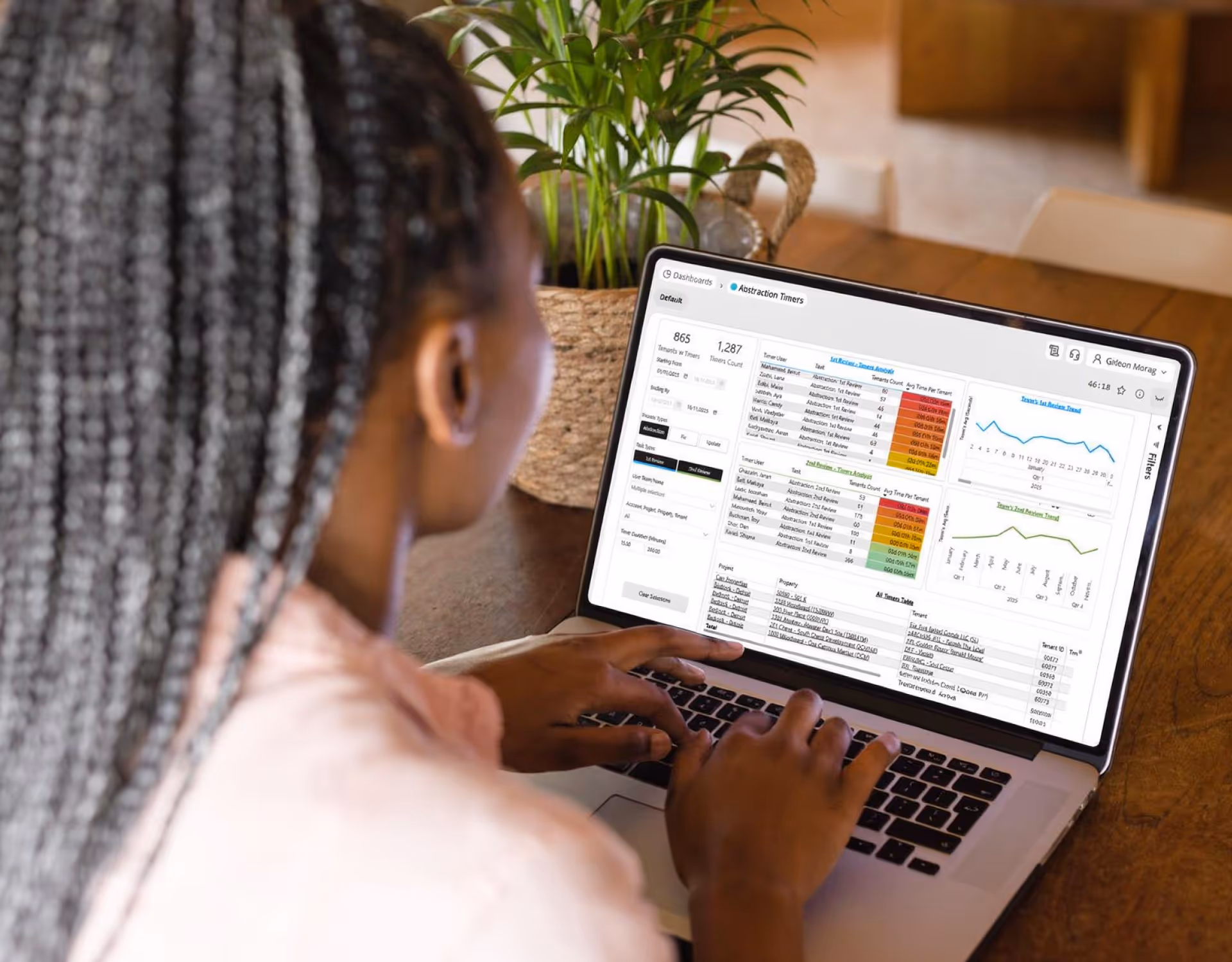 Person with braided hair typing on a laptop displaying color-coded DealSumm data tables and line charts with abstraction timer analysis.