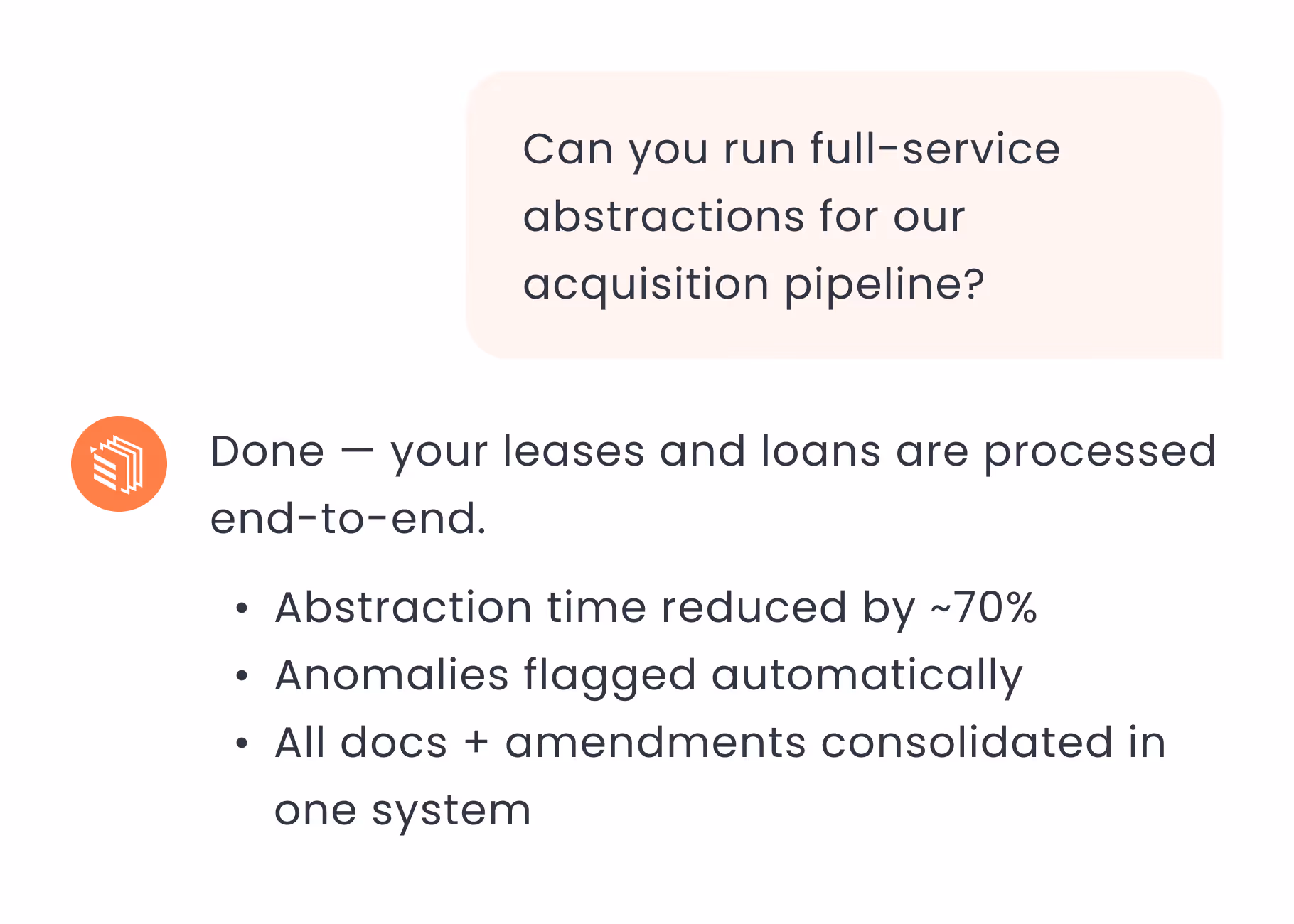 DealSumm Chat interface showing a request for full-service abstractions for acquisition pipeline and a response listing benefits: abstraction time reduced by about 70%, anomalies flagged automatically, and all documents and amendments consolidated in one system.