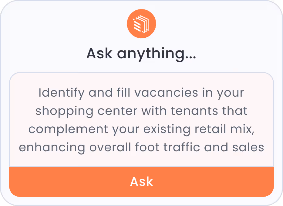 Popup interface with text encouraging to identify and fill shopping center vacancies with tenants that complement existing retail mix, enhancing foot traffic and sales, and an orange 'Ask' button.