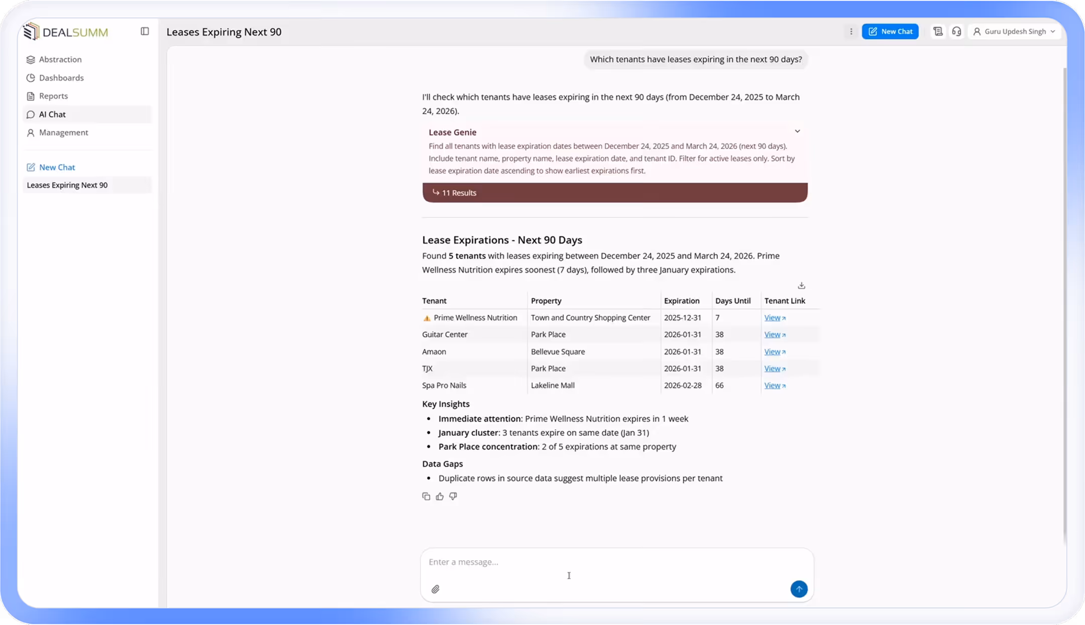 User interface of DealSumm software displaying an AI chat about leases expiring in the next 90 days, listing five tenants with property names, expiration dates, and days until expiration.