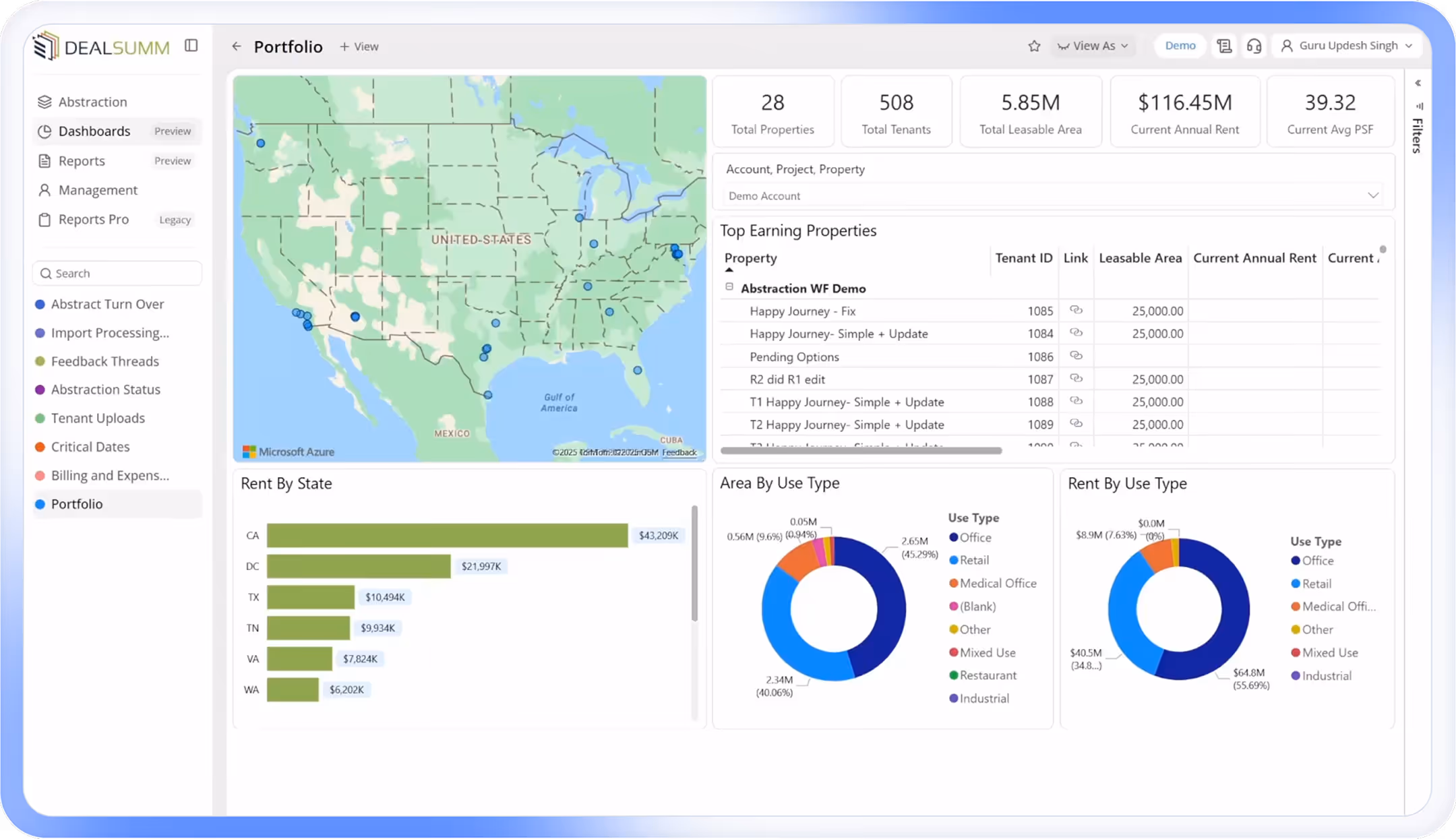 DealSumm Dashboard showing a US map with property locations, summary metrics including total properties, tenants, leasable area, annual rent, and average PSF, along with bar and donut charts detailing rent by state and area and rent by use type.