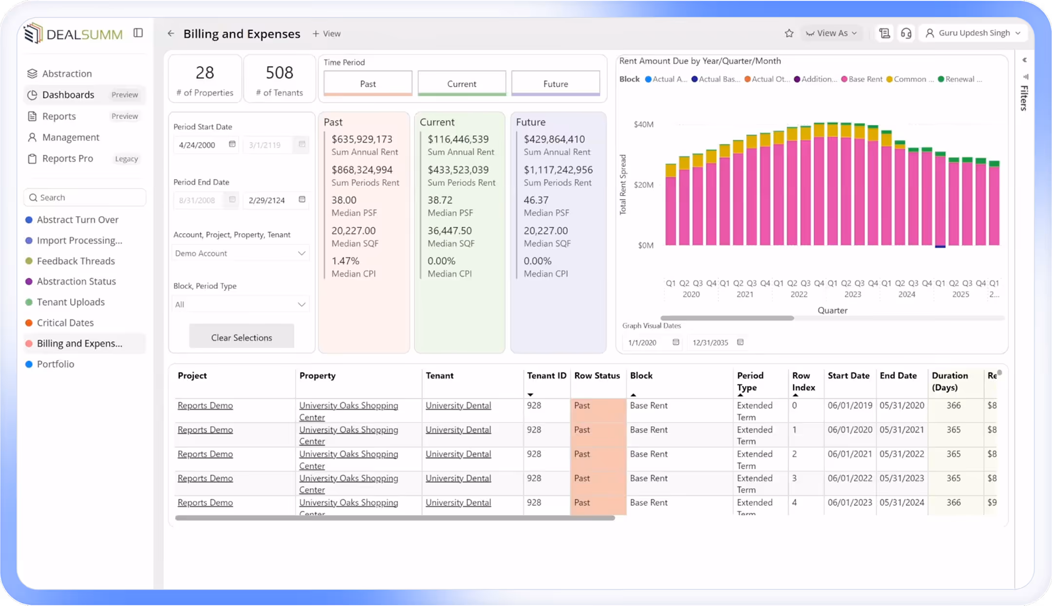 DealSumm dashboard showing billing and expenses with rental analytics including past, current, and future rent amounts, a bar chart of rent amount due by year/quarter, and detailed tenant lease data for University Oaks Shopping Center.