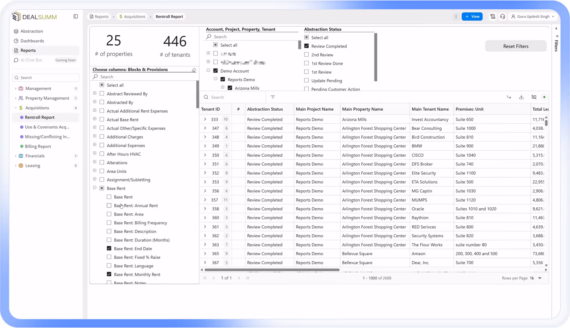 Software DealSumm dashboard displaying Rentroll Report with property and tenant counts, filter options, and a detailed table of tenant IDs, project names, property names, tenant names, unit premises, and lease details.