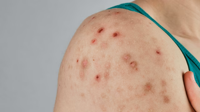 Image of woman's right shoulder and back with severe body acne and "backne"