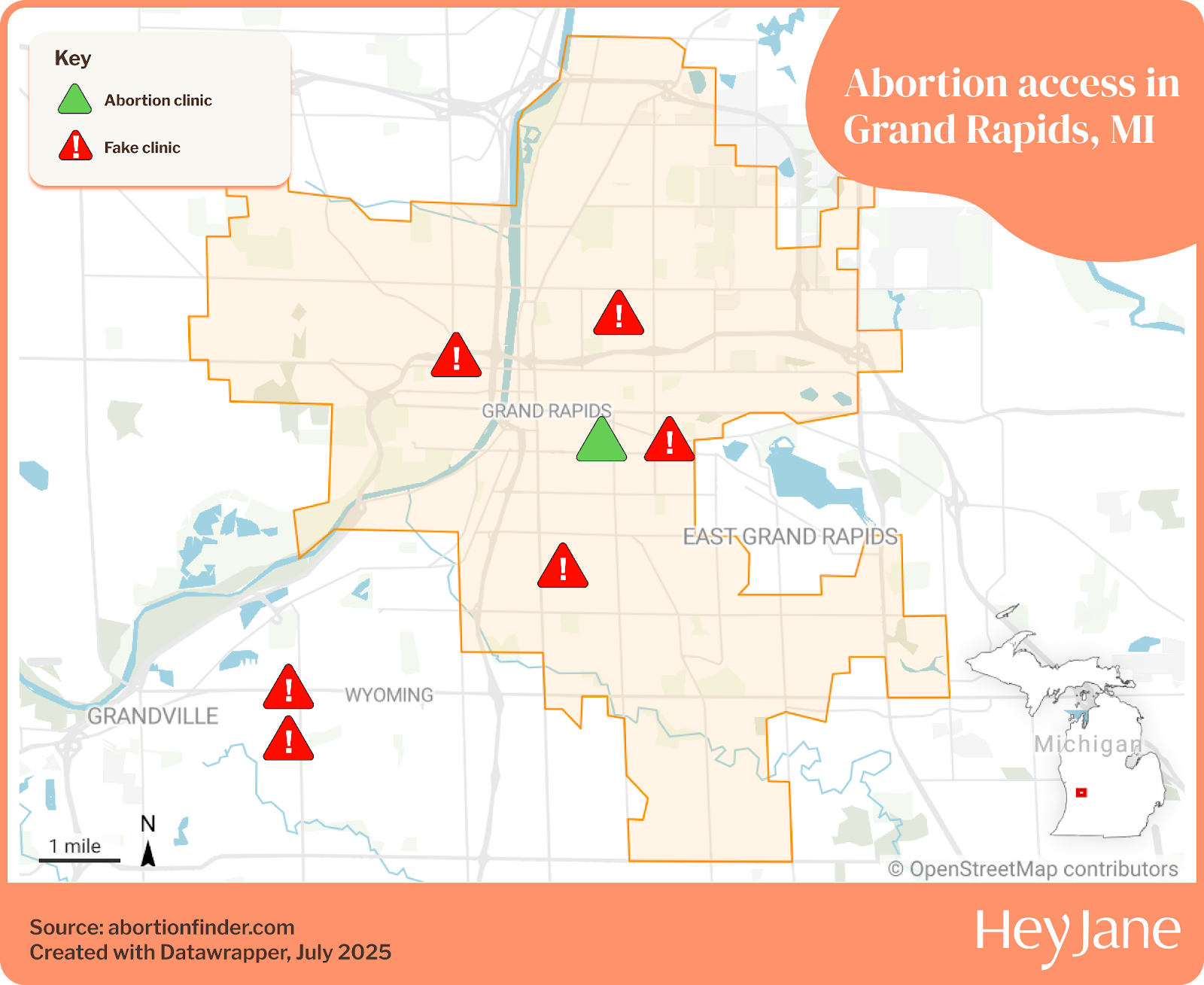 Map that shows one legitimate abortion clinic in Grand Rapids surrounded by fake clinics.