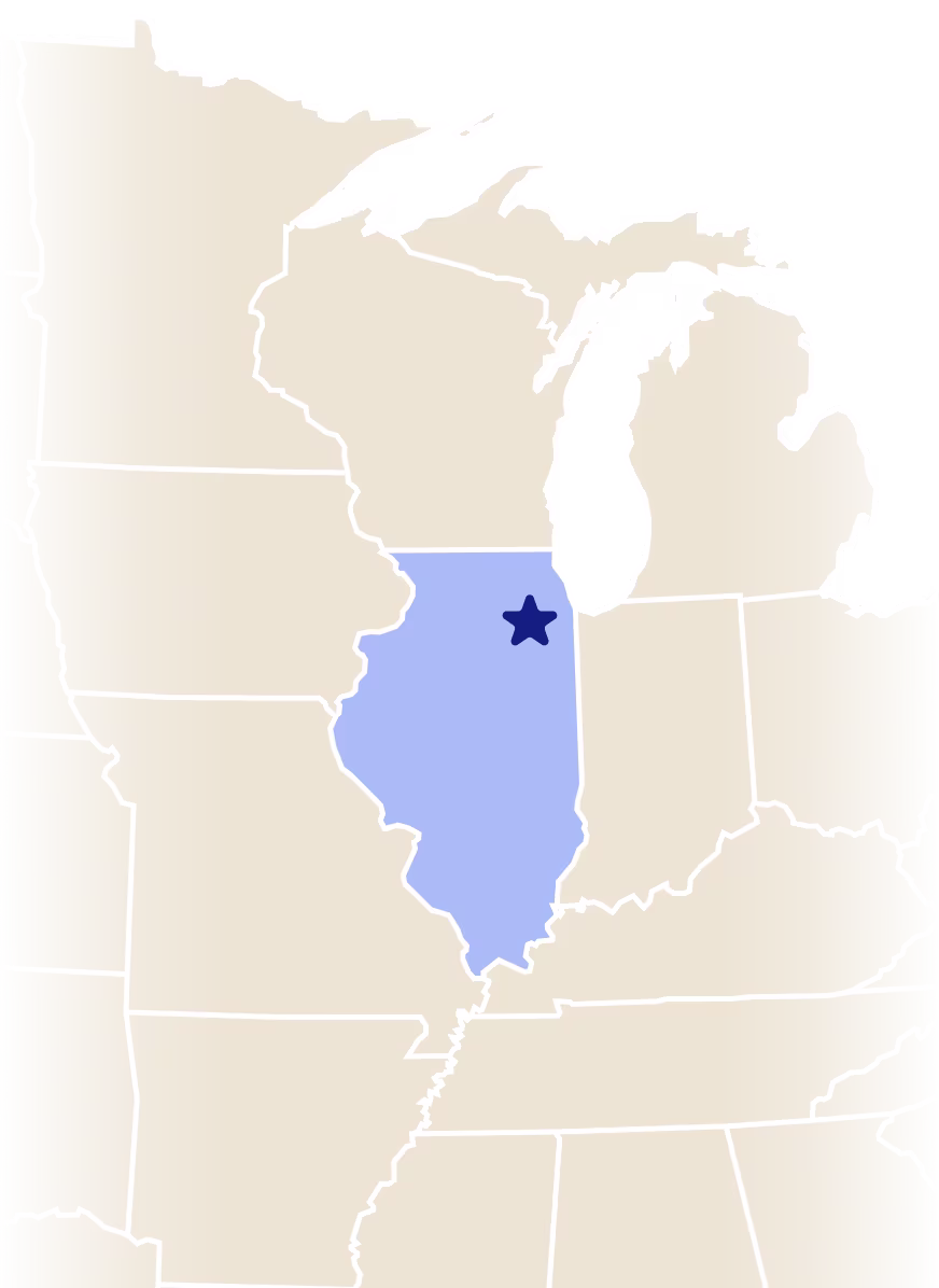 Map of Illinois with star over city of Joliet