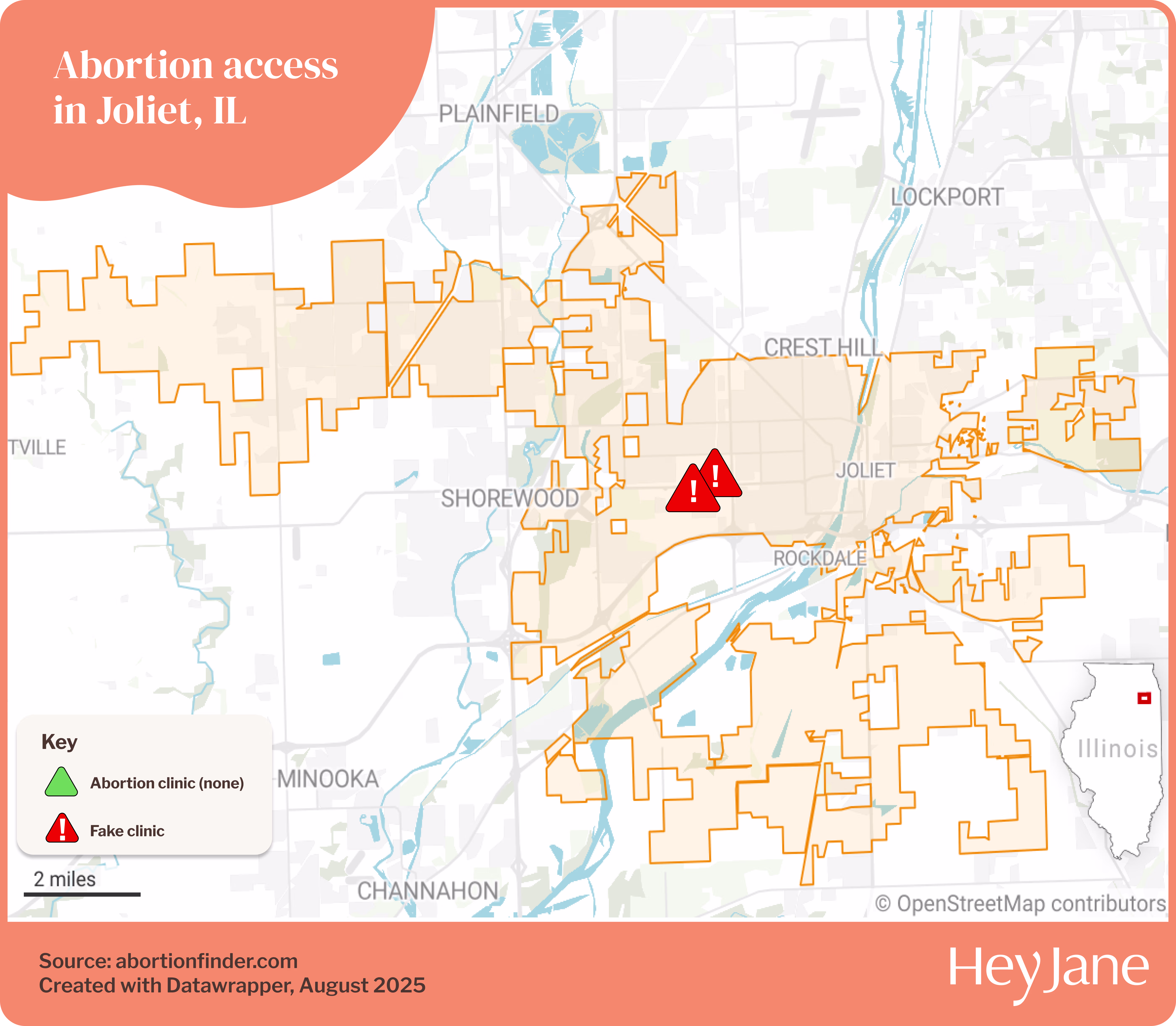 Map of abortion access in Joliet, Illinois where there are no clinics (only 2 fake ones, or crisis pregnancy centers)