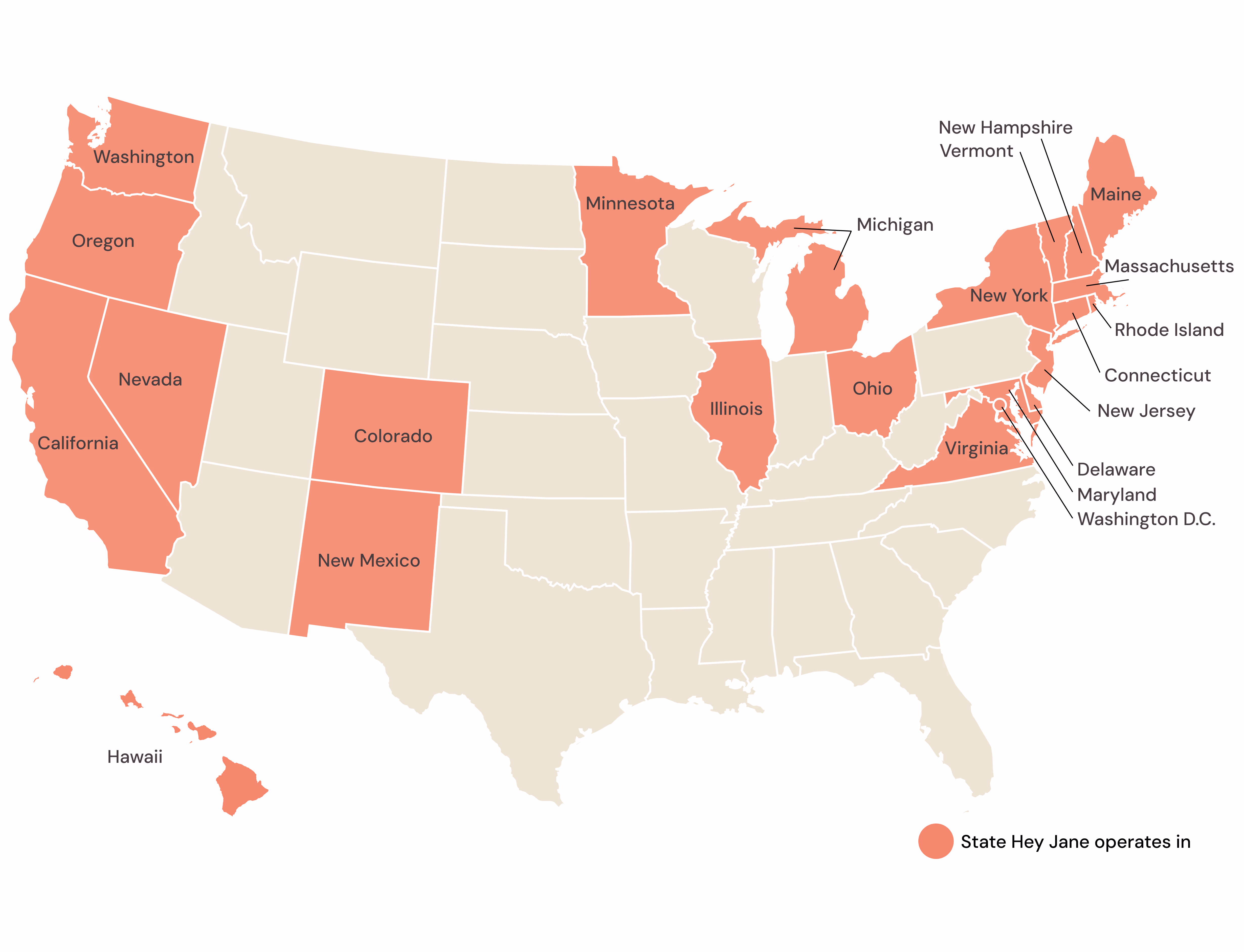 Map of states that Hey Jane can mail abortion pills to as of August 20, 2025