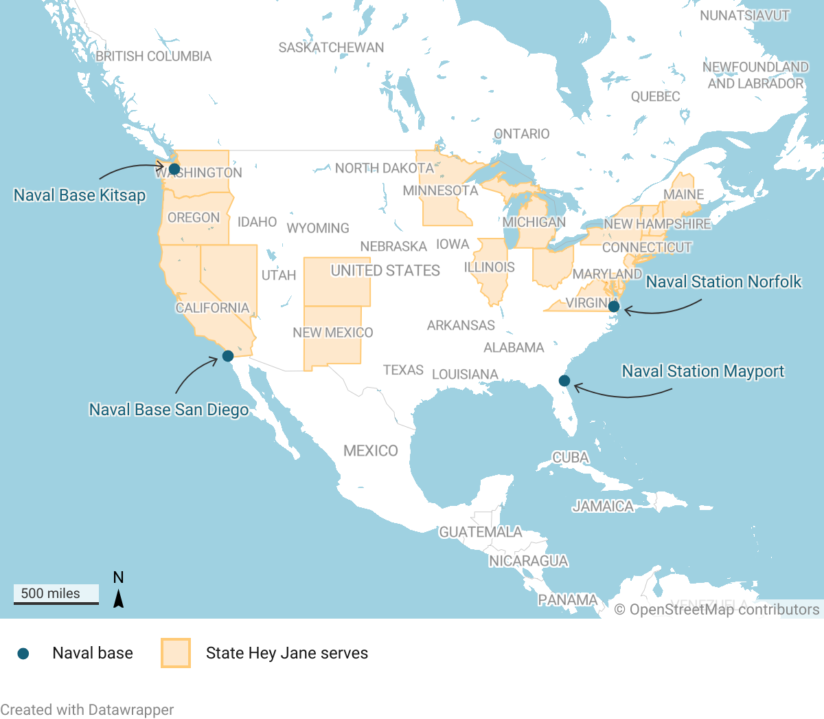 Map of states Hey Jane serves and the 5 largest naval bases.