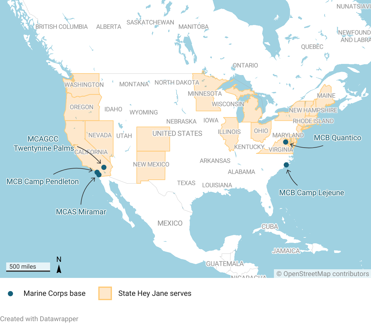 Map of US states Hey Jane serves and the 5 largest Marine Corps bases