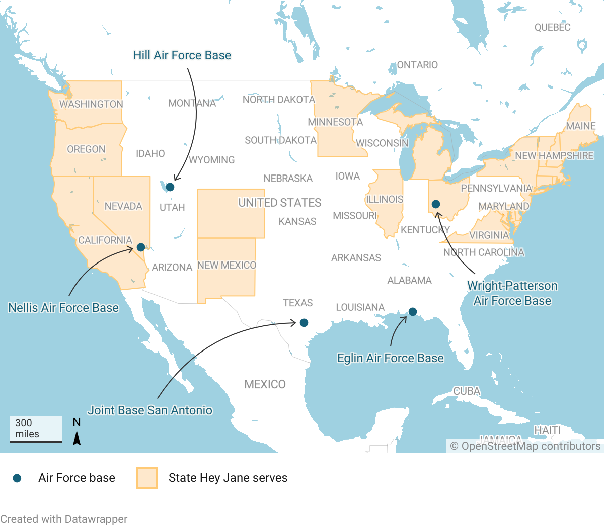 Map of US states Hey Jane serves and the 5 largest Air Force bases