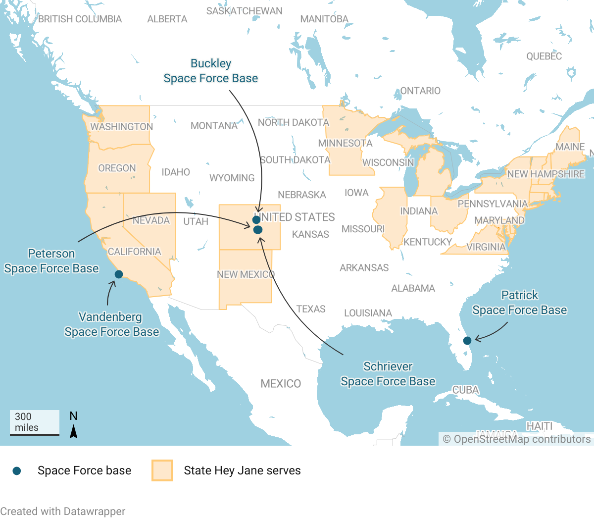 Map of US states Hey Jane serves and the largest Space Force bases