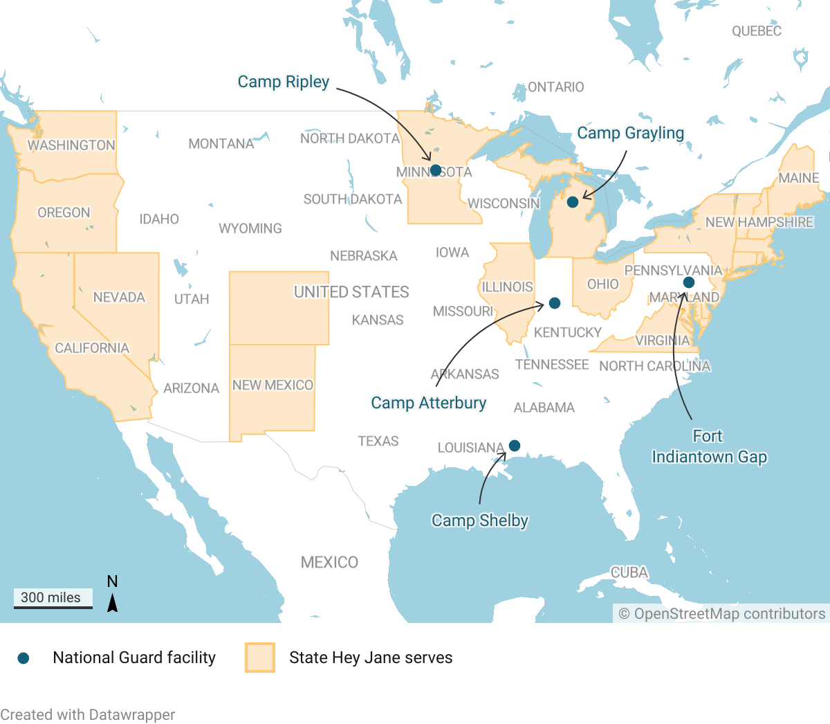 Map of US states Hey Jane serves and the largest National Guard installations.