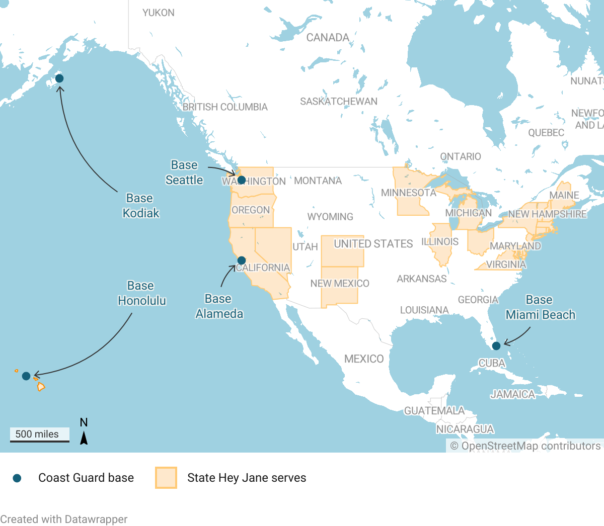 Map of US states served by Hey Jane and where the largest Coast Guard installations areC