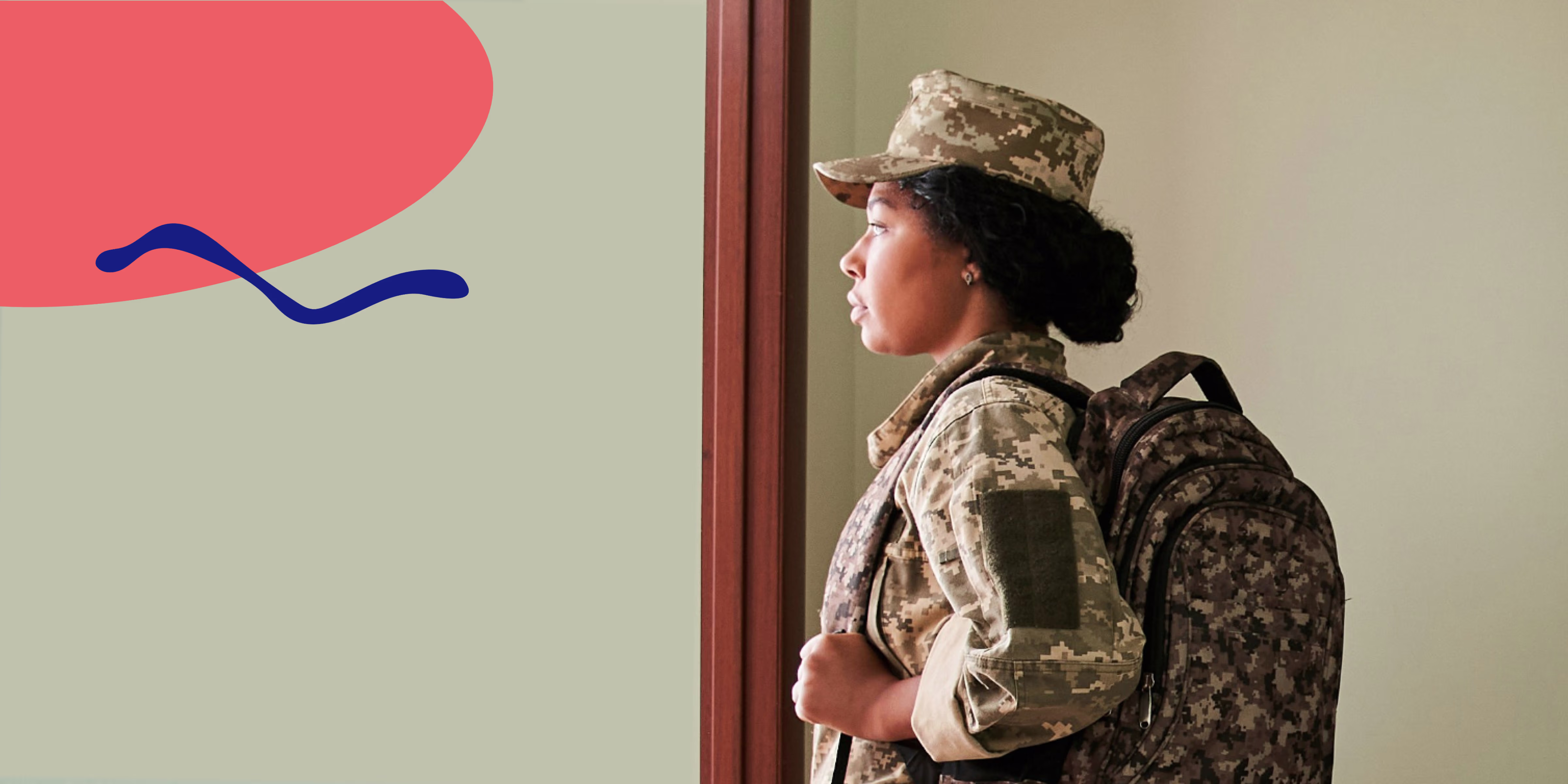 Image of a woman in US military uniform looking out her door.